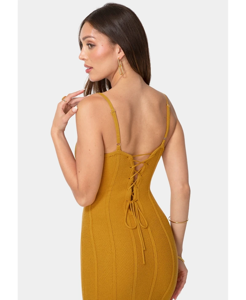 Bebe Women's Ribbed Knit Square Neck Bodycon Side-Slit Maxi Dress