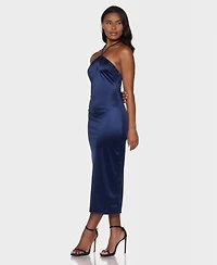 B Darlin Juniors' Stone-Embellished Halter Neck Satin Midi Dress