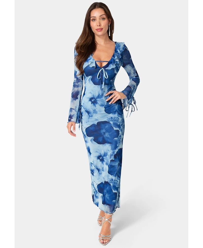 Bebe Women's Long-Sleeve Floral-Print Ruffle-Neck Maxi Dress