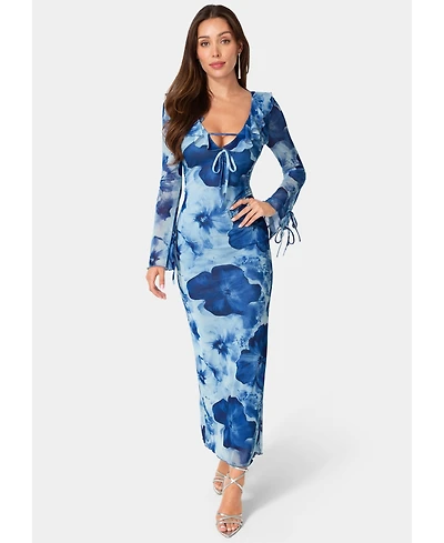 Bebe Women's Long-Sleeve Floral-Print Ruffle-Neck Maxi Dress