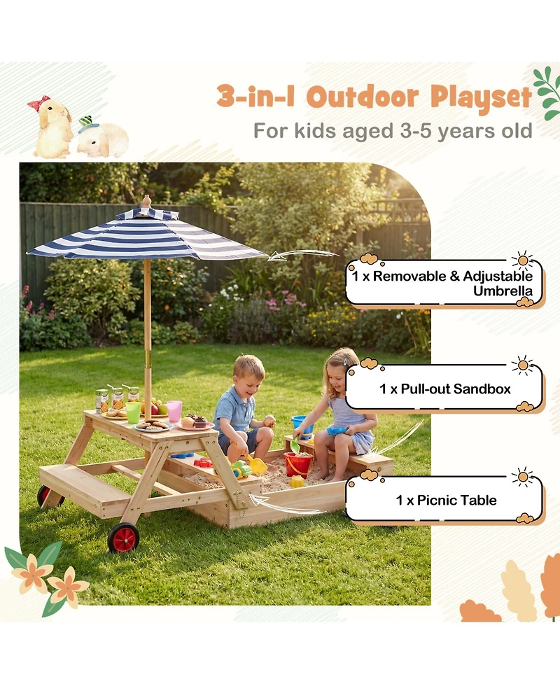 Gymax 3-in-1 Wooden Sandbox With Foldable Umbrella Convertible Picnic Table Benches