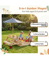 Gymax 3-in-1 Wooden Sandbox With Foldable Umbrella Convertible Picnic Table Benches