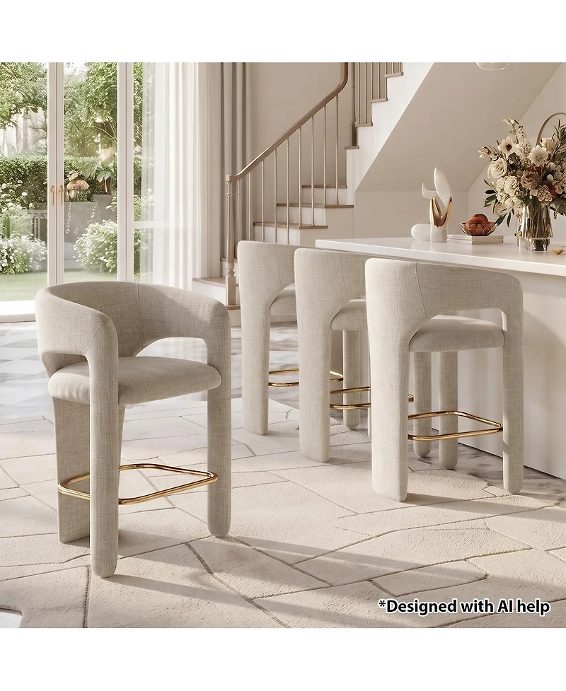 Maison Boucle Counter Height Upholstered Bar Stools Set of 4, Chenille Fabric, Curved Barrel Back, Breakfast Chairs