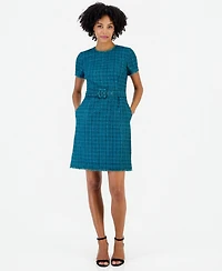Tahari Asl Women's Plaid Short-Sleeve Belted Dress