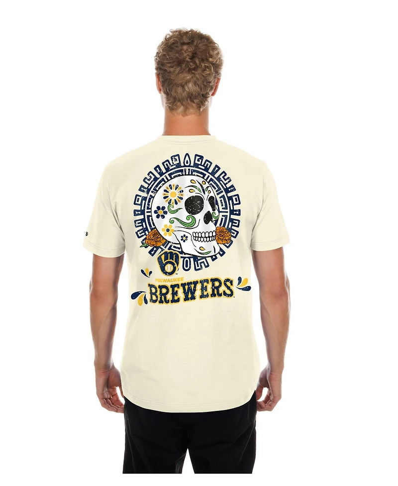 New Era Men's Natural Milwaukee Brewers Dia de los Muertos Sugar Skull T-Shirt