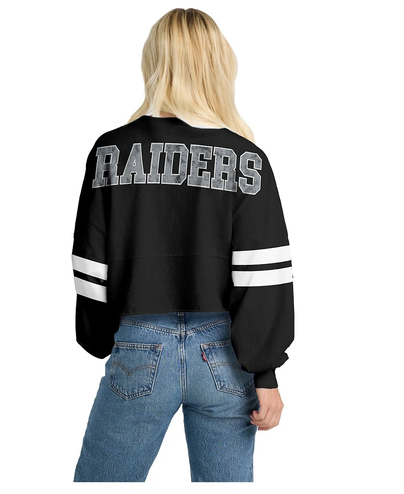 Spirit Jersey Women's Black Las Vegas Raiders Oversized Cropped Stripe Long Sleeve T-Shirt