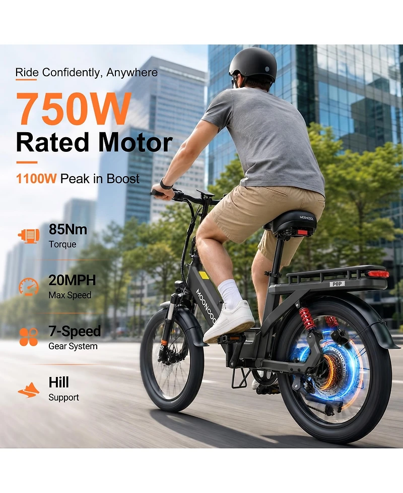 Mooncool Pop Folding Electric Bike for Adult 7-Speed, 750W Motor, Full Suspension, Folds Storage