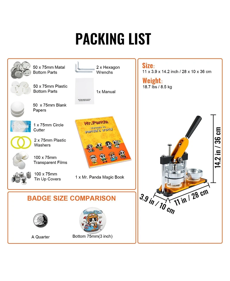 Sevorley Button Maker Machine, 75 mm Badge Press Kit with 100 Button Parts, Circle Cutter, and Magic Book