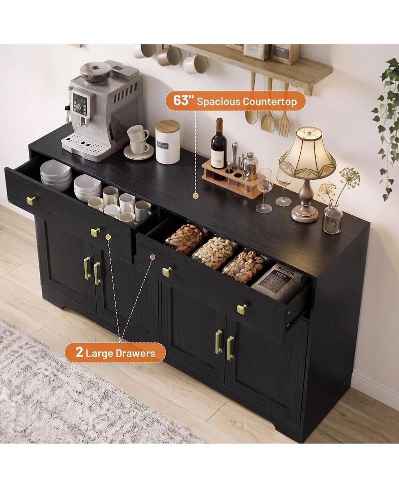 Gaomon 63 Inch Farmhouse Sideboard Buffet Cabinet Wood Storage Credenza with 2 Drawers and Adjustable Shelves Anti-Tip Coffee Bar for Kitchen Entryway