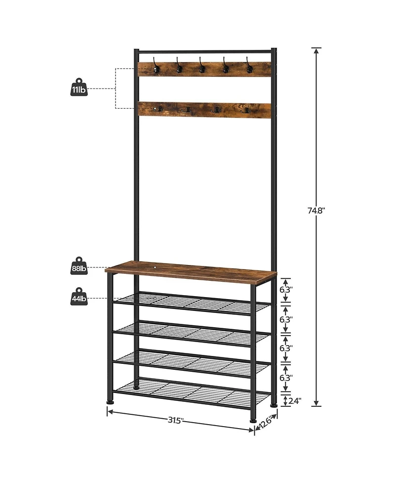 Slickblue Entryway Hall Tree with Coat Rack, Shoe Storage Bench And Multi Hook Organizer