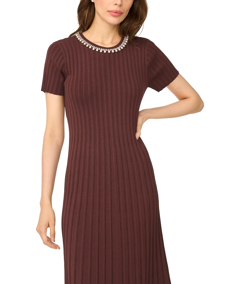 CeCe Women's Pearl Necklace Trim Crewneck Short-Sleeve Midi Sweater Dress