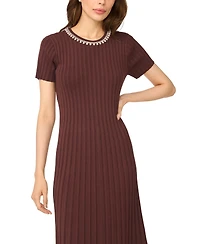 CeCe Women's Pearl Necklace Trim Crewneck Short-Sleeve Midi Sweater Dress