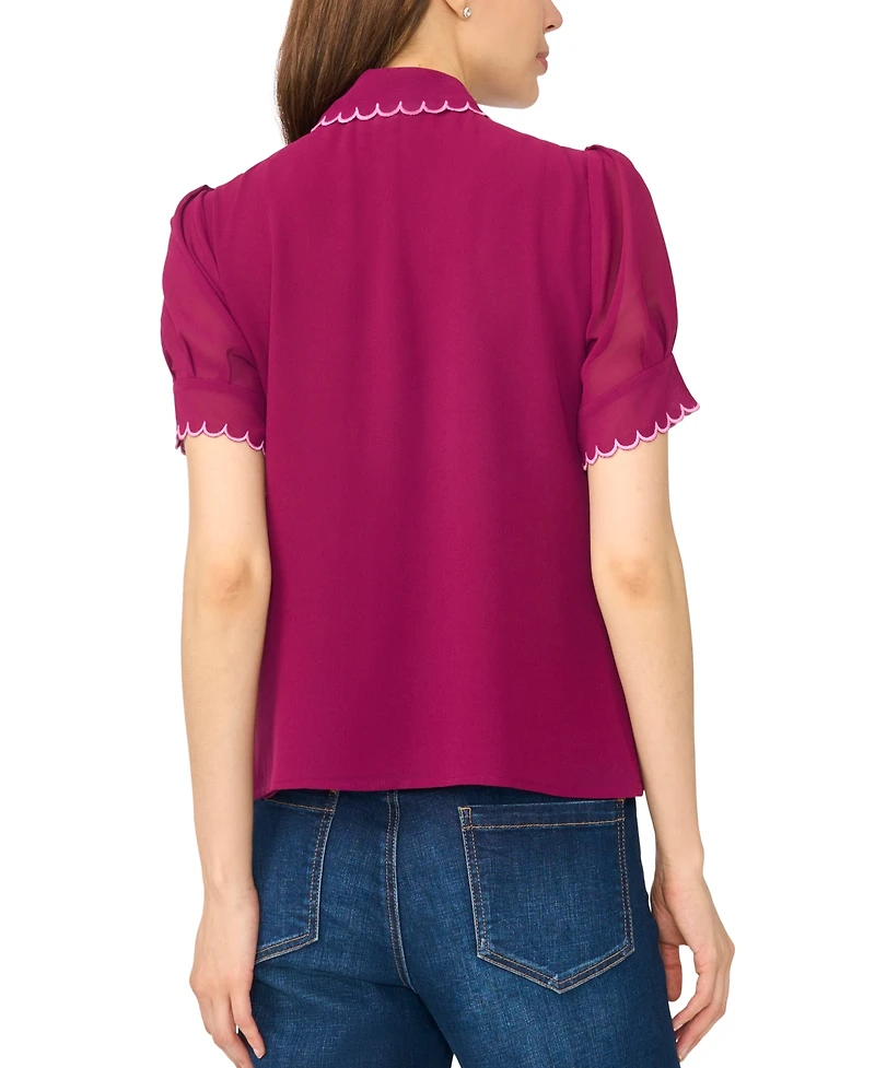CeCe Women's Scallop Contrast Trim Button Up Top