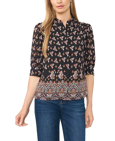 CeCe Women's Hidden-Placket Collared 3/4-Sleeve Blouse