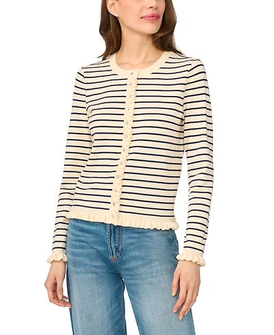 CeCe Women's Striped Ruffle-Trim Crewneck Long-Sleeve Cardigan Sweater