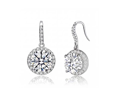 Genevive Dainty White Gold Plated Halo Cz Round Drop Fish Hook Earrings