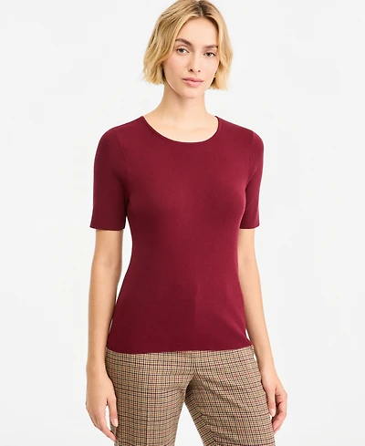 Tahari Asl Women's Scoop Neck Rayon-Blend Pull-On Short-Sleeve Sweater