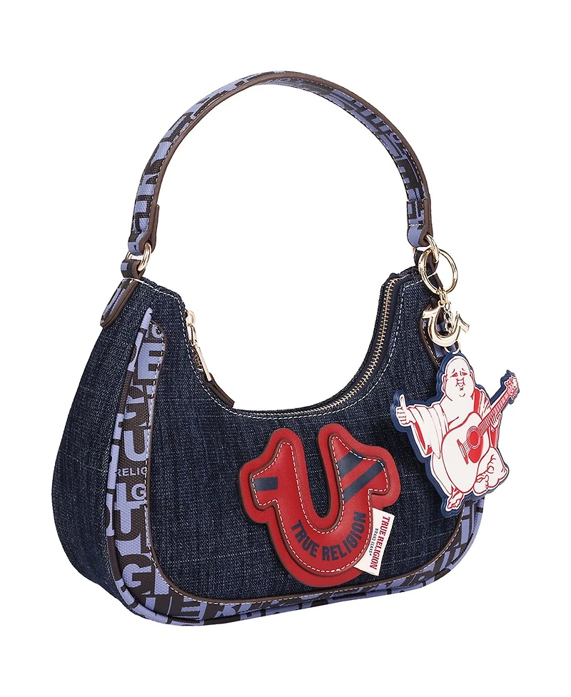 True Religion Graphic Trim Denim Hobo Bag with Buddha Charm