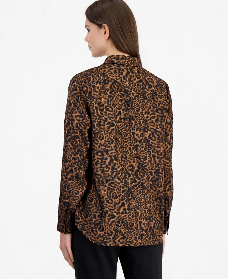 Tahari Asl Women's Long-Sleeve Leopard-Print Button-Front Blouse