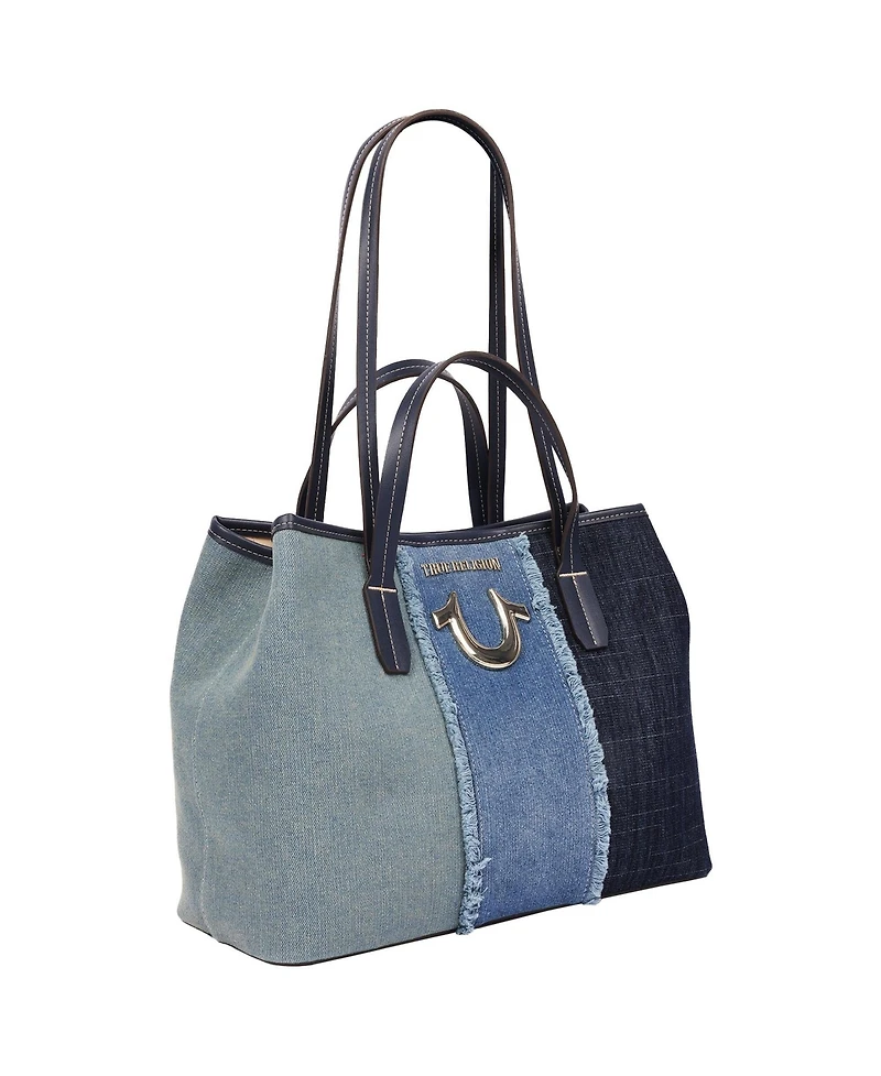 True Religion Frayed Denim Horseshoe Tote with Removable Wristlet