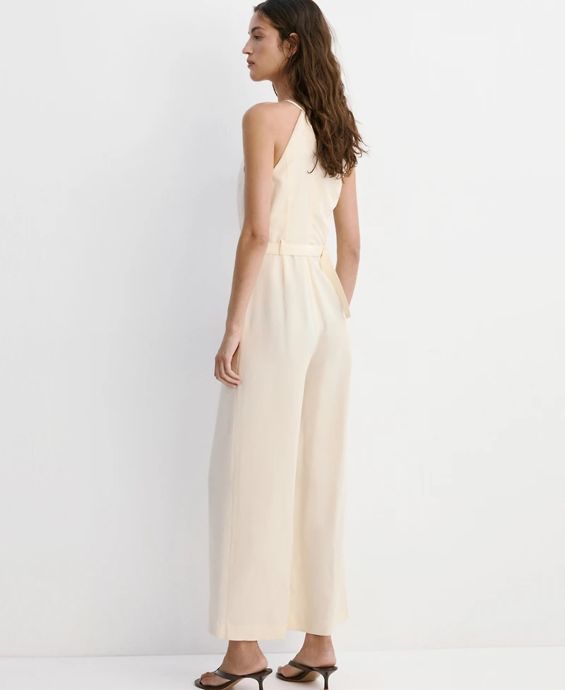 Mango Women's Wide-Leg Sleeveless Belt Detail Halter Jumpsuit