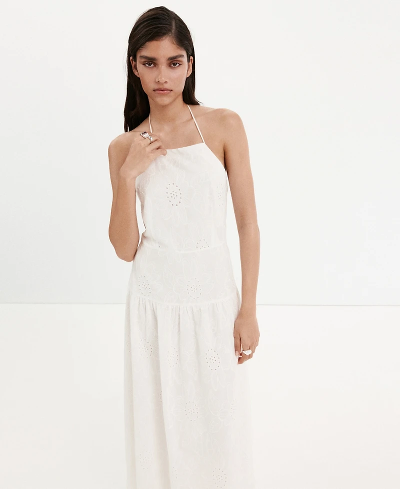 Mango Women's Openwork-Embroidery Halter A-Line Cotton Dress
