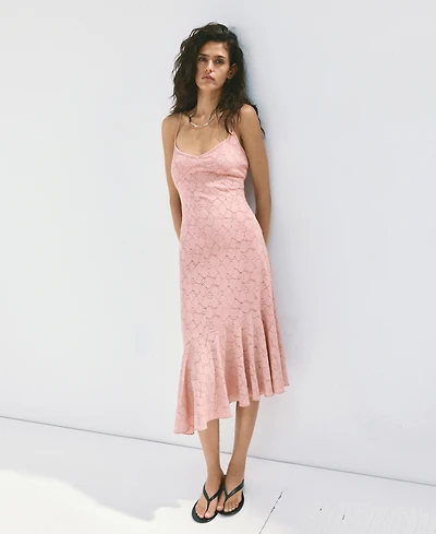 Mango Women's V-Neck Openwork Floral-Print Midi Dress