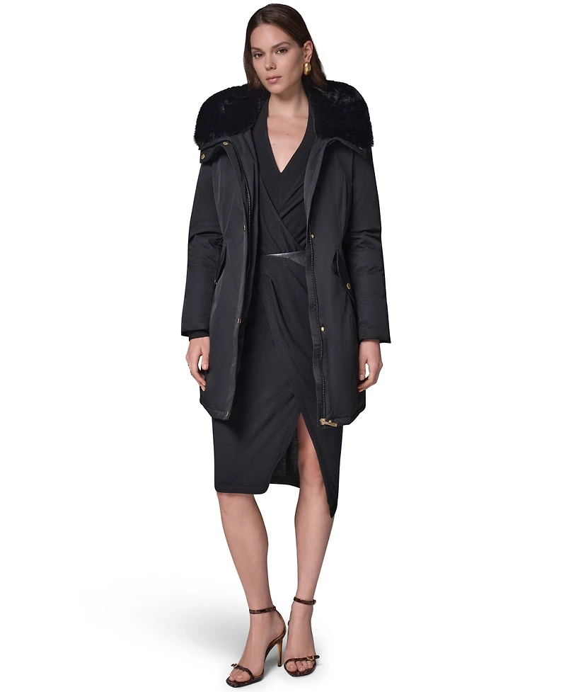 Donna Karan New York Women's Belted Hooded Mid-Length Puffer Coat