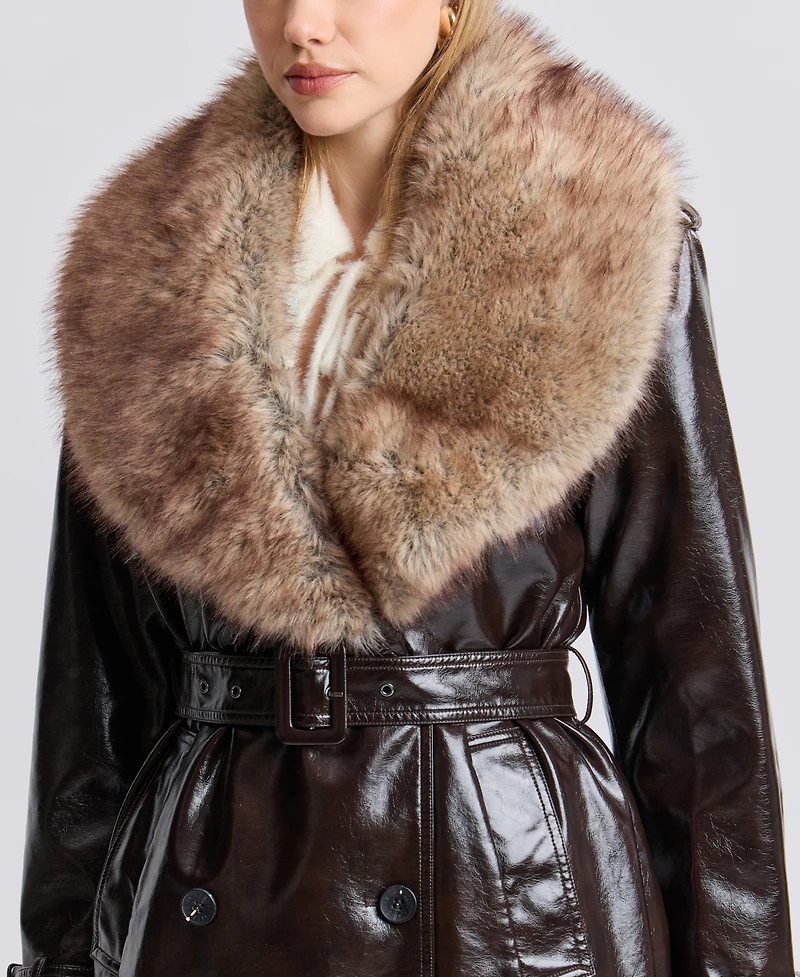 Avec Les Filles Women's Pleather Trench Coat with Fur Collar