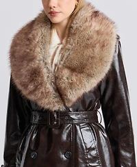 Avec Les Filles Women's Pleather Trench Coat with Fur Collar