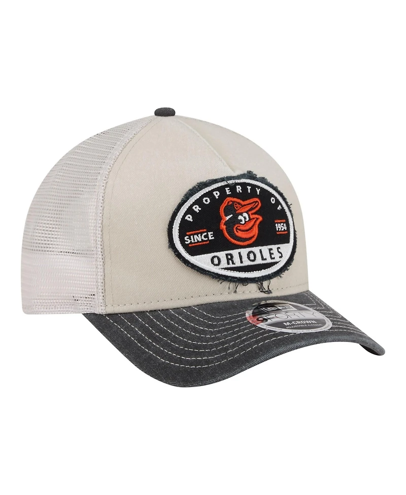 New Era Men's Light Beige/Black Baltimore Orioles Frayed M-Crown A-Frame 9FORTY Trucker Adjustable Hat