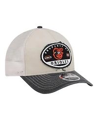 New Era Men's Light Beige/Black Baltimore Orioles Frayed M-Crown A-Frame 9FORTY Trucker Adjustable Hat