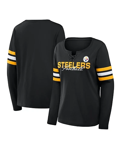 Fanatics Women's Black Pittsburgh Steelers Team First Coverage Scheme Lace-Up Long Sleeve T-Shirt