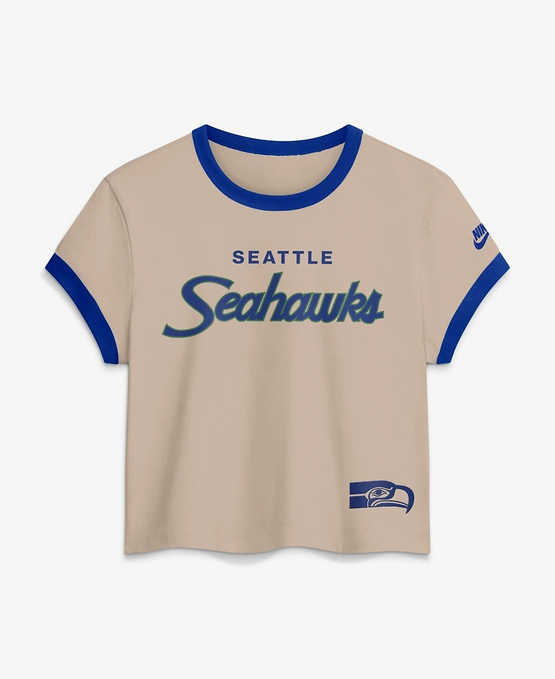 Nike Women's Beige Seattle Seahawks Rewind Ringer Mod Cropped T-Shirt