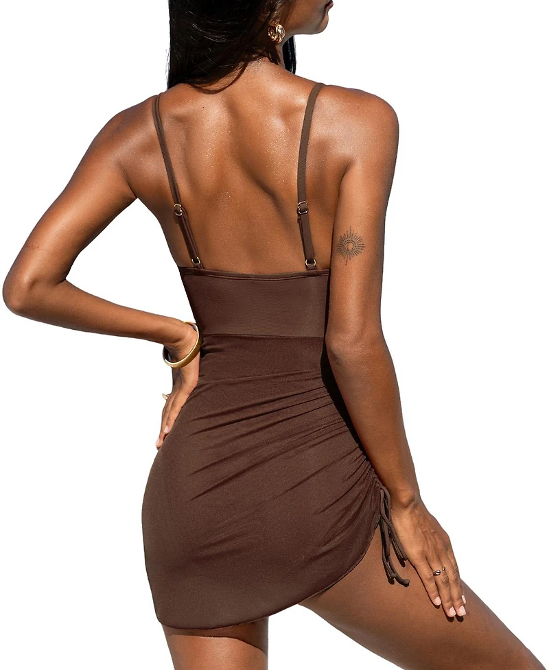 Cupshe Women's V-Neck Mesh Ruched Swim Dress