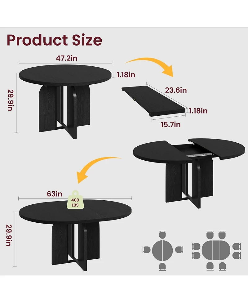 homfan Extendable Round to Oval Farmhouse Dining Table, Seats 4-8