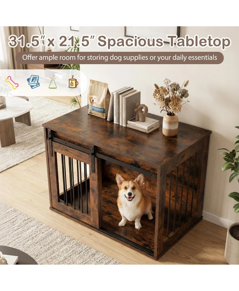 Hongge Heavy-Duty Dog Crate Furniture with Sliding Barn Door Metal Windows and Tabletop