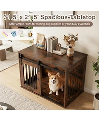 Hongge Heavy-Duty Dog Crate Furniture with Sliding Barn Door Metal Windows and Tabletop