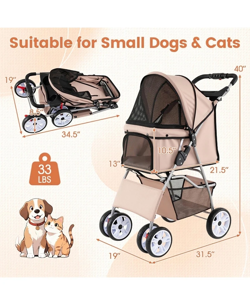 Hongge 4-Wheel Foldable Pet Stroller with Adjustable Canopy Storage Basket and Cup Holders