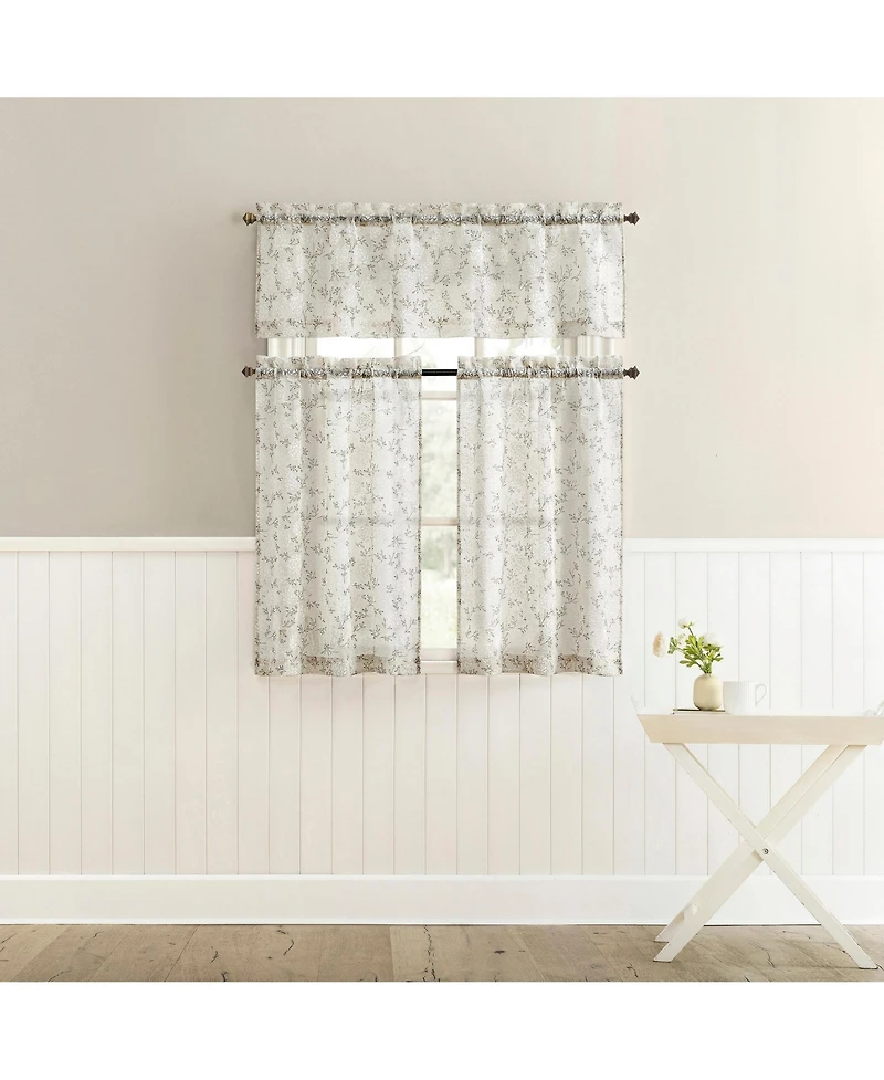 No. 918 Jacqueline Tonal Floral Puff Print Semi-Sheer Rod Pocket Kitchen Curtain Tier Pair