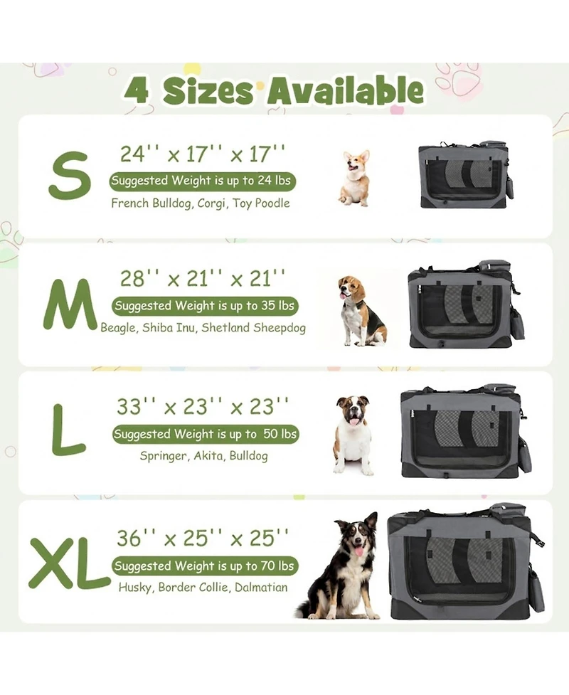 Hongge Collapsible Soft Dog Travel Crate with Mesh Windows 3 Doors and Washable Cushion