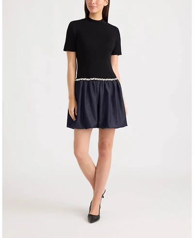 Ellen Tracy Women's Twofer Mock Neck Short Sleeve Bubble Skirt Mini Dress