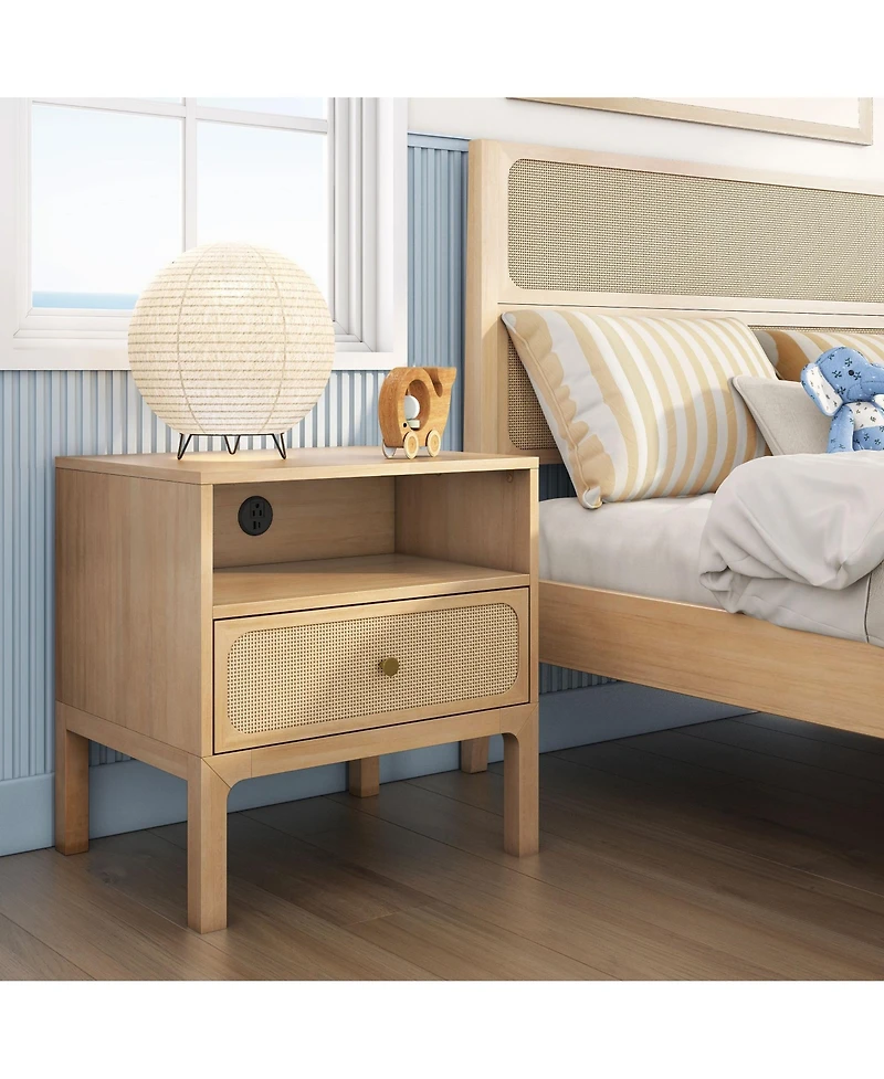Max & Lily Elio/Rattan 1 Drawer with Cubby and Electrical Outlet Nightstand