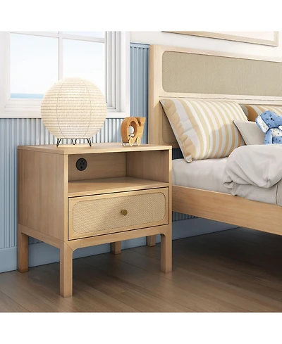 Max & Lily Elio/Rattan 1 Drawer with Cubby and Electrical Outlet Nightstand