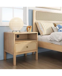 Max & Lily Elio/Rattan 1 Drawer with Cubby and Electrical Outlet Nightstand