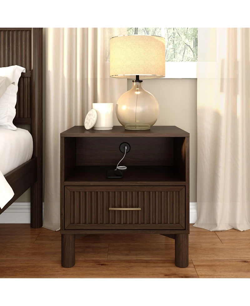 Plank+Beam Sera Fluted Cubby Nightstand with 1 Drawer, Electrical Outlet and Brass Handle