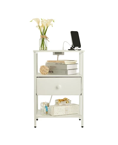 homfan Bedside Table with Charging Station – 3-Tier Storage Nightstand, Fabric Drawer and Metal Frame Compact Narrow End Table for Bedroom Living Room