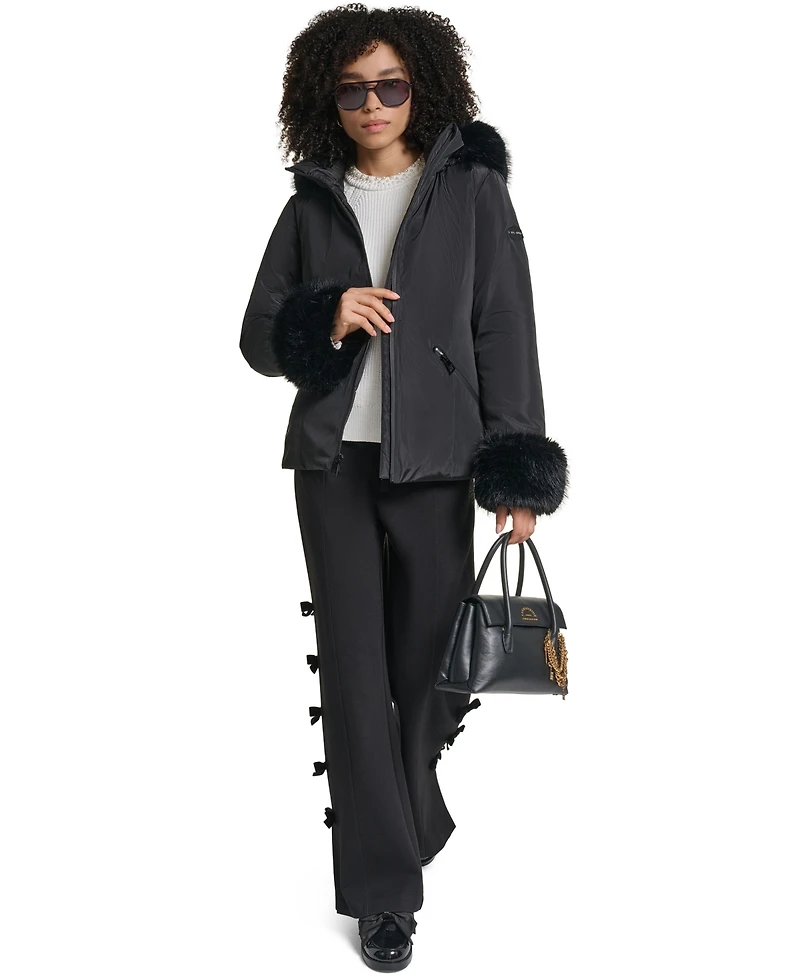 Karl Lagerfeld Paris Women's Faux-Fur Trim Cuff and Hood Belted Puffer Jacket
