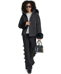 Karl Lagerfeld Paris Women's Faux-Fur Trim Cuff and Hood Belted Puffer Jacket