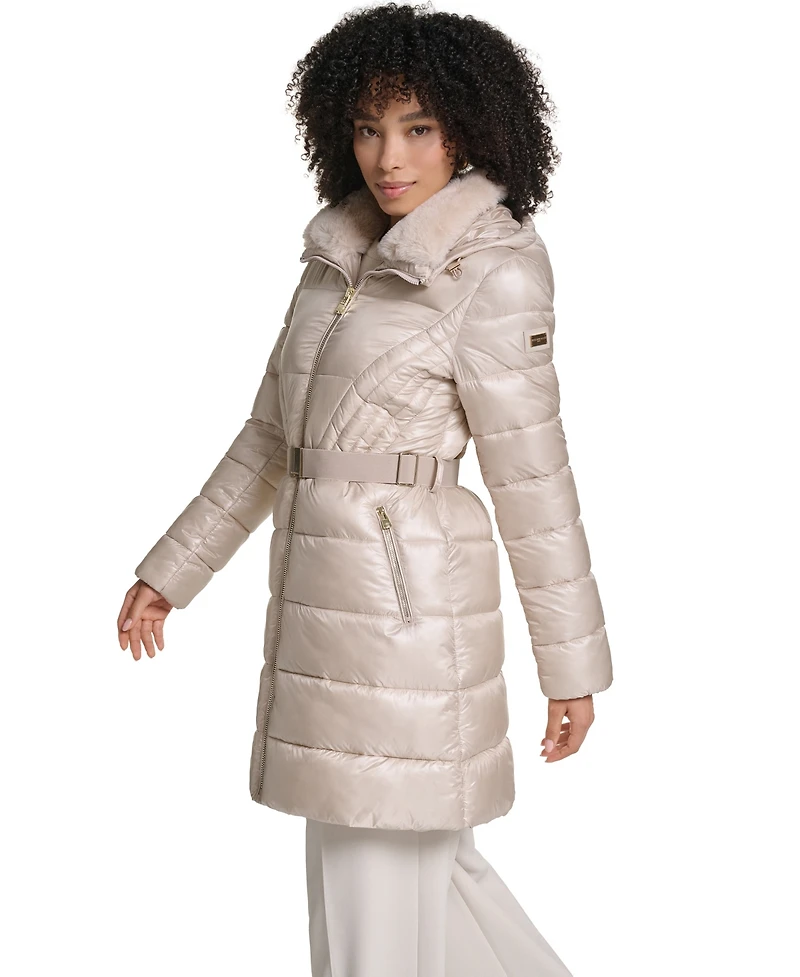 Karl Lagerfeld Paris Women's Belted Faux Fur Collar Hooded Puffer Coat